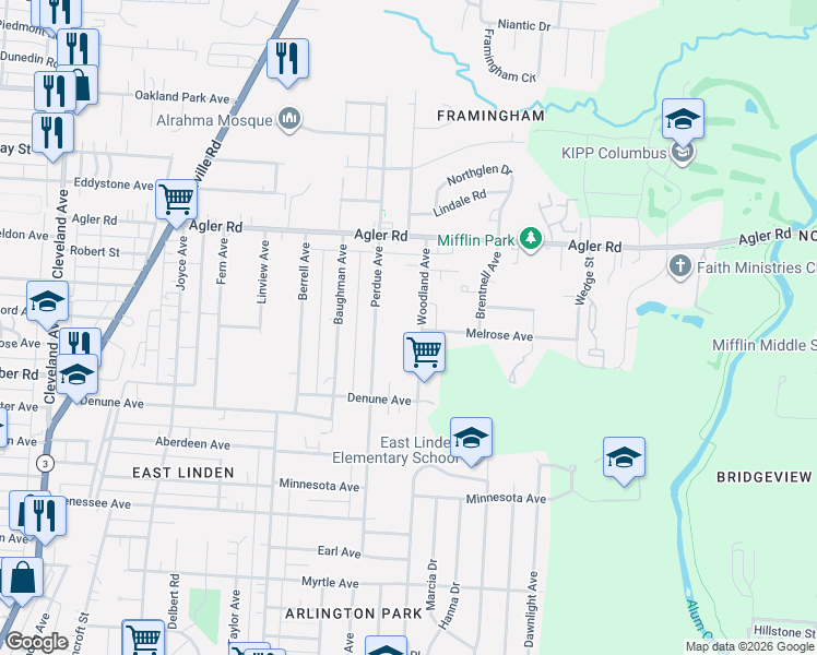 map of restaurants, bars, coffee shops, grocery stores, and more near 2722 Woodland Avenue in Columbus