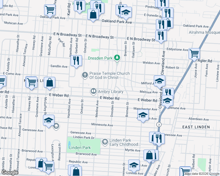 map of restaurants, bars, coffee shops, grocery stores, and more near 2829 Norwood Street in Columbus