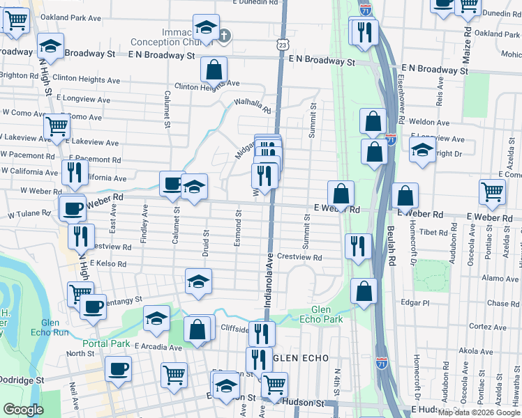 map of restaurants, bars, coffee shops, grocery stores, and more near 418 East Weber Road in Columbus