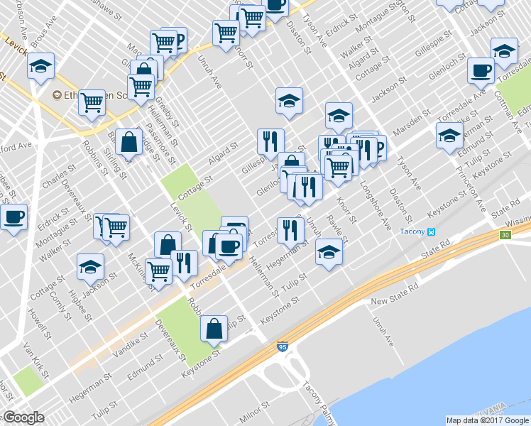 map of restaurants, bars, coffee shops, grocery stores, and more near 4611 Magee Avenue in Philadelphia