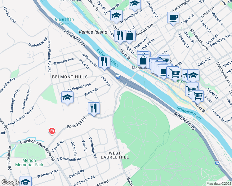 map of restaurants, bars, coffee shops, grocery stores, and more near 112 Pencoyd Avenue in Bala Cynwyd