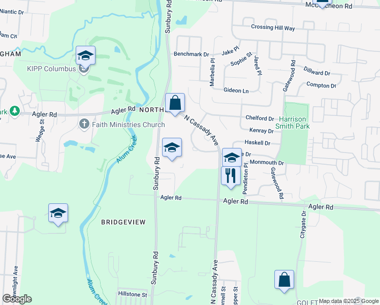 map of restaurants, bars, coffee shops, grocery stores, and more near 2993 Rollingwood Drive in Columbus