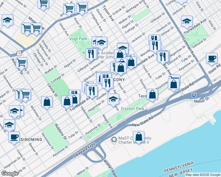 map of restaurants, bars, coffee shops, grocery stores, and more near 6744 Vandike Street in Philadelphia