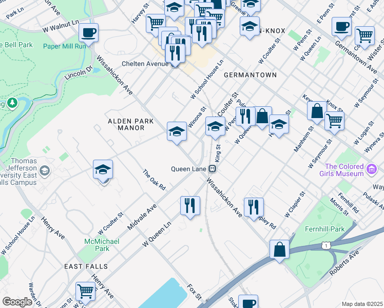 map of restaurants, bars, coffee shops, grocery stores, and more near 5381 Wissahickon Avenue in Philadelphia