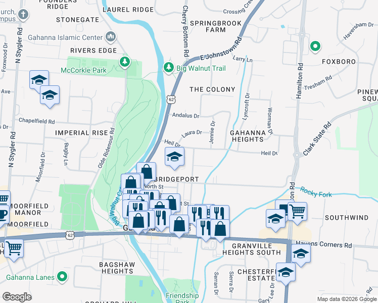 map of restaurants, bars, coffee shops, grocery stores, and more near 160 Heil Drive in Columbus