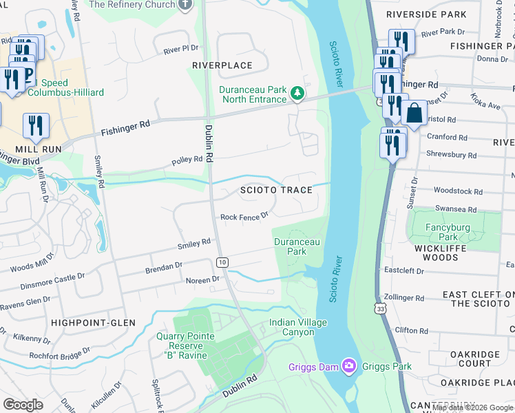 map of restaurants, bars, coffee shops, grocery stores, and more near 3118 Adena Point Court in Columbus