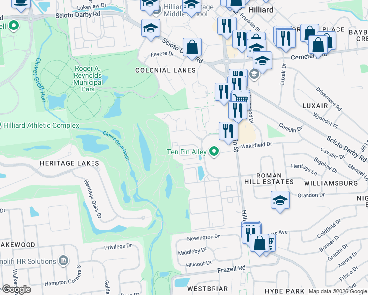 map of restaurants, bars, coffee shops, grocery stores, and more near 5576 Villa Gates Drive in Hilliard