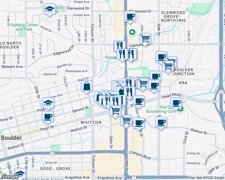 map of restaurants, bars, coffee shops, grocery stores, and more near 2645 Pine Street in Boulder