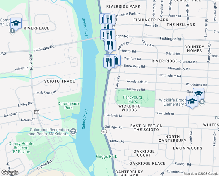 map of restaurants, bars, coffee shops, grocery stores, and more near 3500 Riverside Drive in Columbus