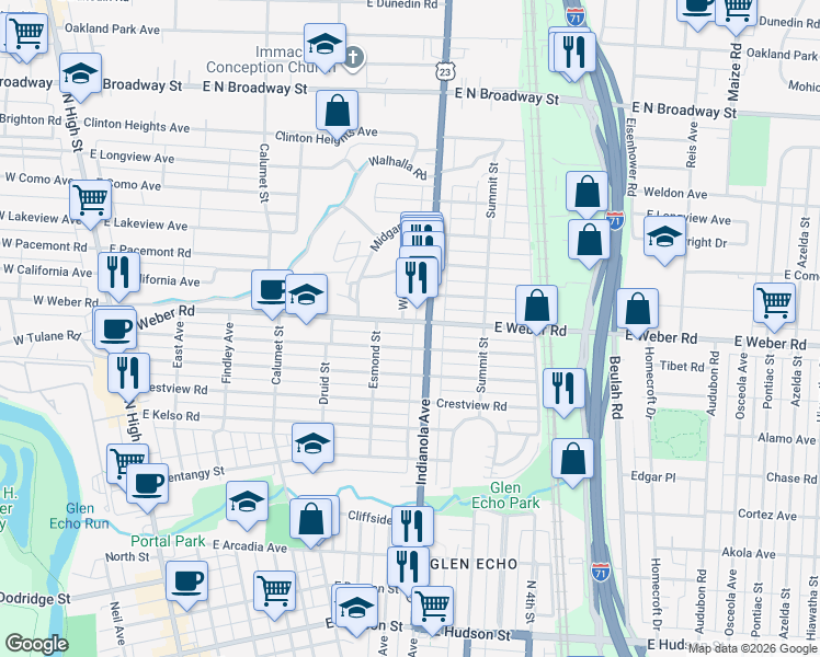 map of restaurants, bars, coffee shops, grocery stores, and more near 418 East Weber Road in Columbus