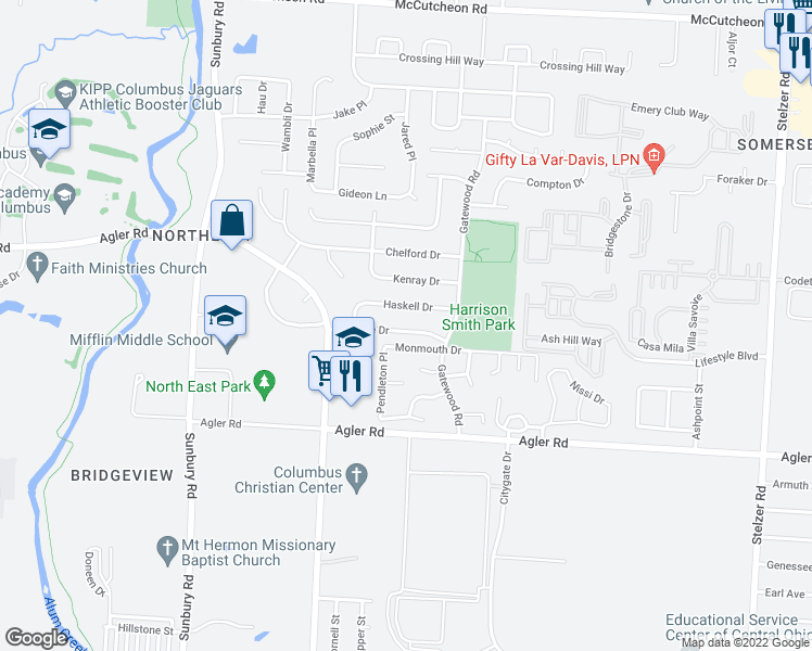 map of restaurants, bars, coffee shops, grocery stores, and more near 3190 Caralee Drive in Columbus