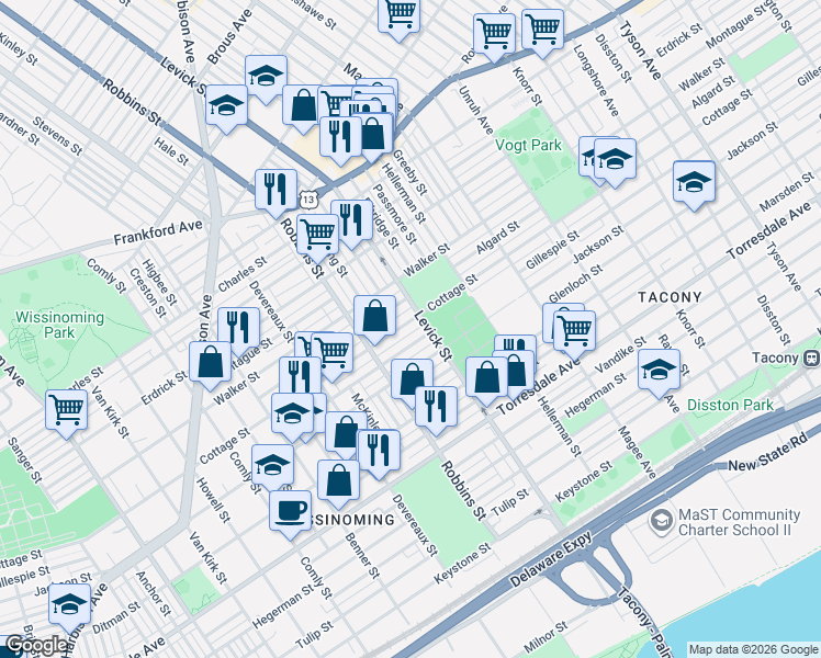 map of restaurants, bars, coffee shops, grocery stores, and more near 6342 Cottage Street in Philadelphia