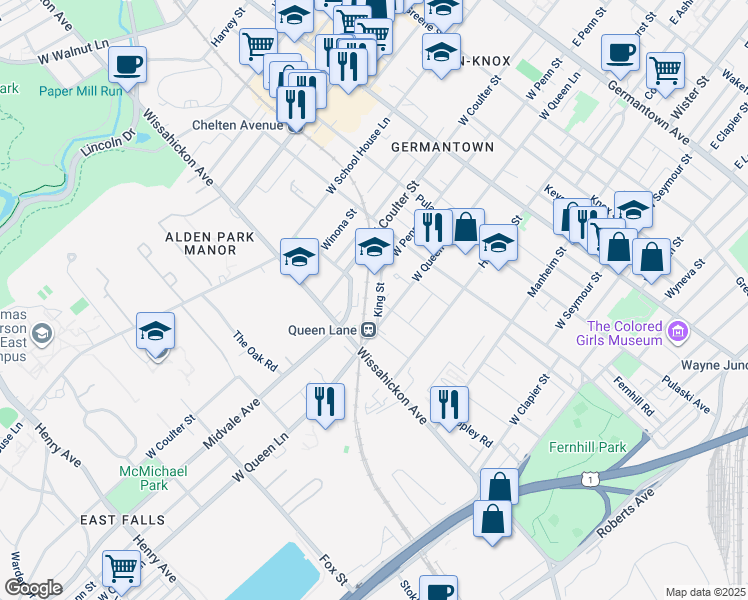 map of restaurants, bars, coffee shops, grocery stores, and more near 503 King Street in Philadelphia