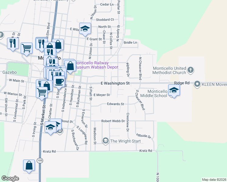 map of restaurants, bars, coffee shops, grocery stores, and more near 121 South Colfax Street in Monticello