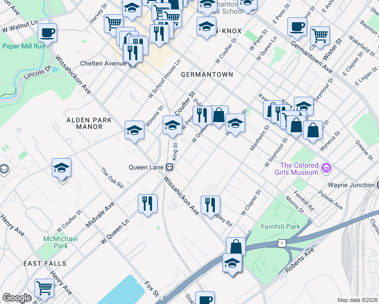 map of restaurants, bars, coffee shops, grocery stores, and more near 427 West Bringhurst Street in Philadelphia