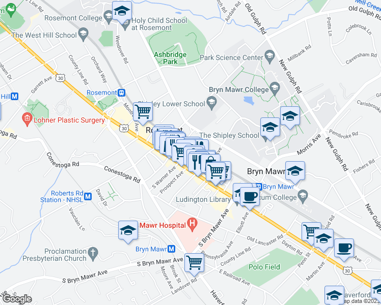 map of restaurants, bars, coffee shops, grocery stores, and more near 941 Sargent Avenue in Bryn Mawr