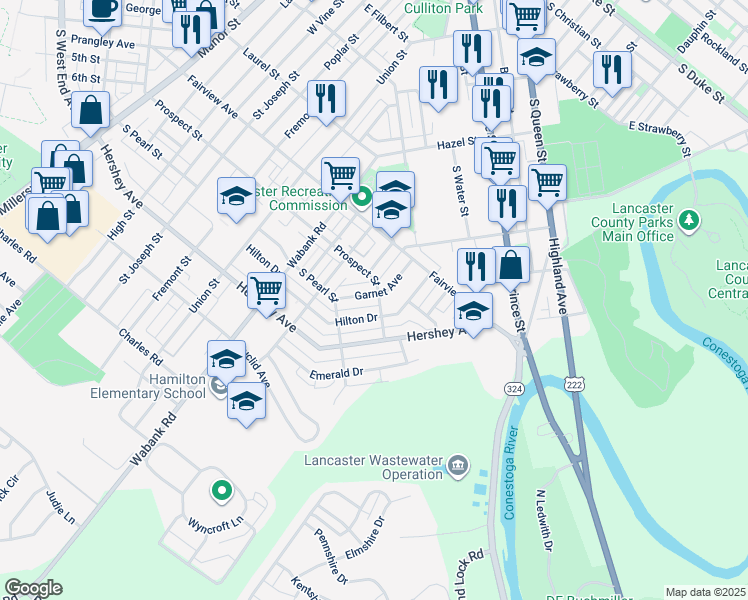 map of restaurants, bars, coffee shops, grocery stores, and more near 730 Garnet Avenue in Lancaster