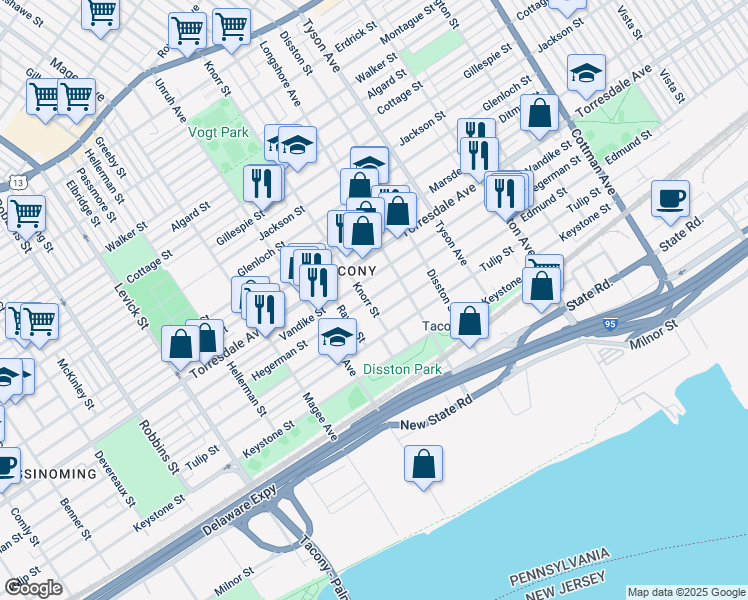 map of restaurants, bars, coffee shops, grocery stores, and more near 4801 Knorr Street in Philadelphia