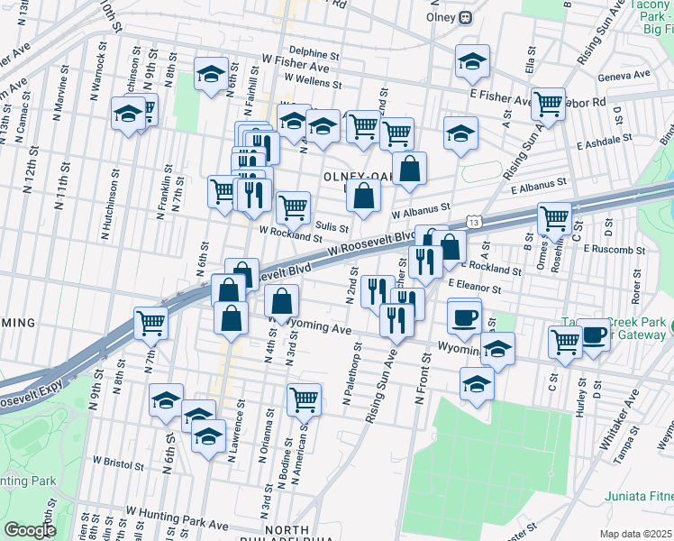 map of restaurants, bars, coffee shops, grocery stores, and more near 222 West Roosevelt Boulevard in Philadelphia