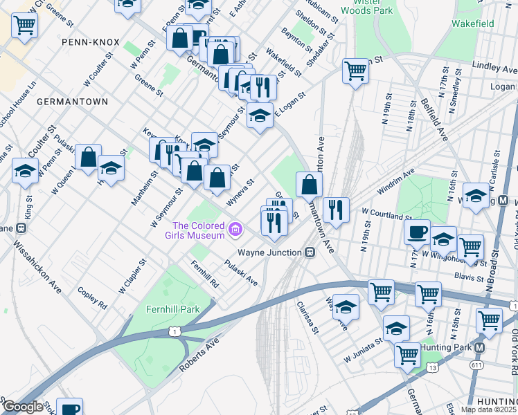 map of restaurants, bars, coffee shops, grocery stores, and more near 139 West Sylvania Street in Philadelphia