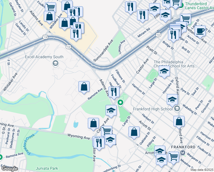 map of restaurants, bars, coffee shops, grocery stores, and more near 4701 Ramona Avenue in Philadelphia