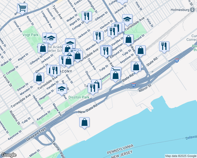 map of restaurants, bars, coffee shops, grocery stores, and more near 6954 Keystone Street in Philadelphia