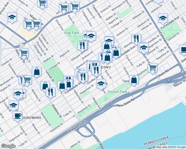 map of restaurants, bars, coffee shops, grocery stores, and more near Torresdale Ave & Unruh Ave in Philadelphia