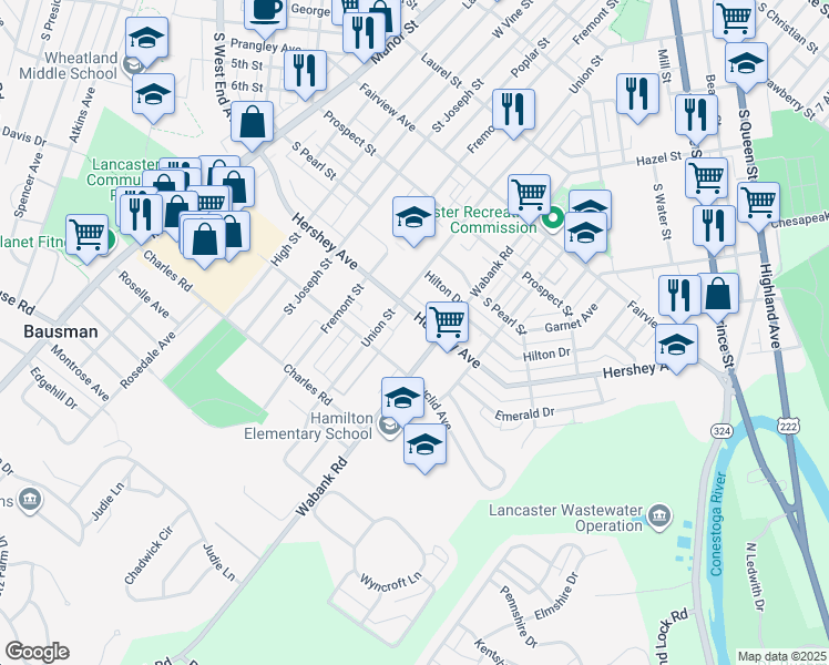 map of restaurants, bars, coffee shops, grocery stores, and more near 1117 Wabank Street in Lancaster