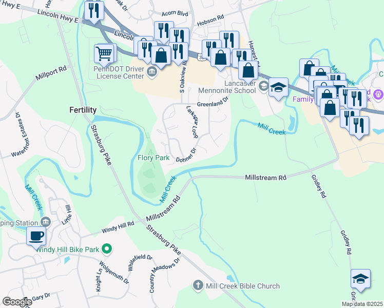 map of restaurants, bars, coffee shops, grocery stores, and more near 329 Dohner Drive in Lancaster