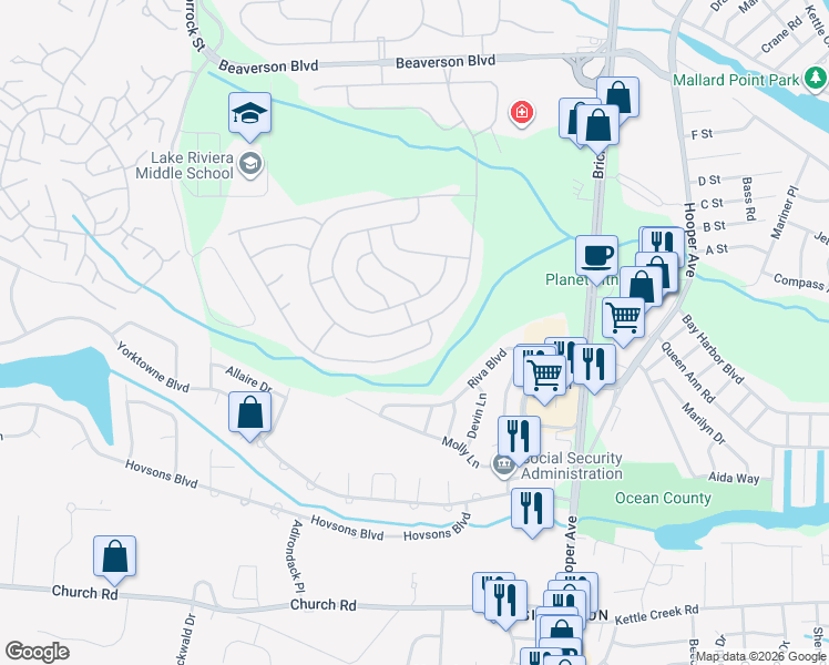 map of restaurants, bars, coffee shops, grocery stores, and more near 121 Lions Head Boulevard South in Brick Township