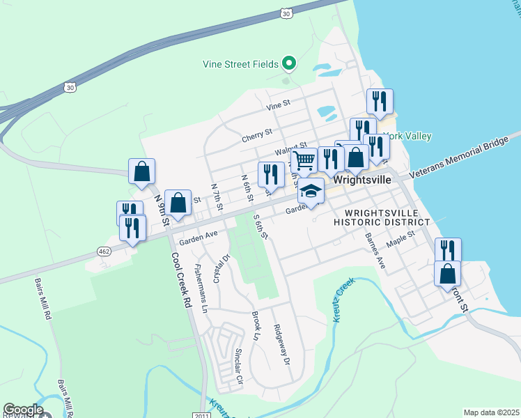 map of restaurants, bars, coffee shops, grocery stores, and more near 521 Pennsylvania 462 in Wrightsville