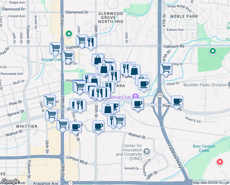 map of restaurants, bars, coffee shops, grocery stores, and more near 3195 Pearl Parkway in Boulder