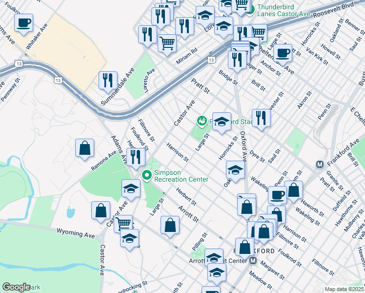 map of restaurants, bars, coffee shops, grocery stores, and more near 1050 Allengrove Street in Philadelphia