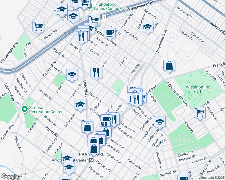 map of restaurants, bars, coffee shops, grocery stores, and more near 1215 Pratt Street in Philadelphia