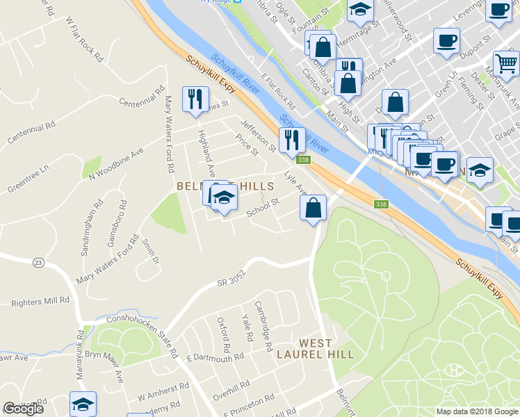 map of restaurants, bars, coffee shops, grocery stores, and more near 160 School Street in Bala Cynwyd