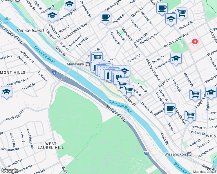map of restaurants, bars, coffee shops, grocery stores, and more near 4313-17 Main Street in Philadelphia