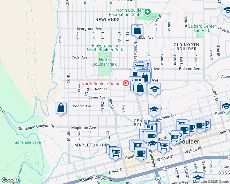 map of restaurants, bars, coffee shops, grocery stores, and more near 940 North Street in Boulder