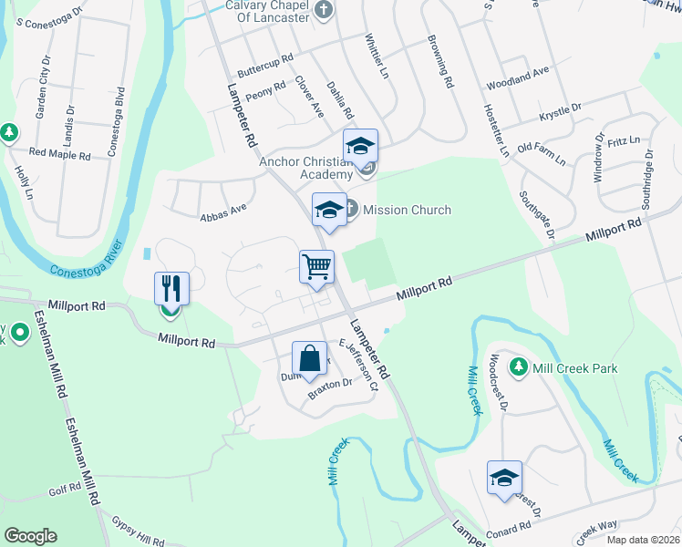 map of restaurants, bars, coffee shops, grocery stores, and more near 747 Lampeter Road in Lancaster