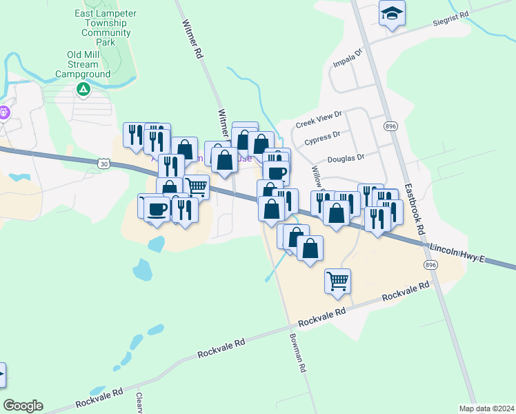 map of restaurants, bars, coffee shops, grocery stores, and more near 2394 Lincoln Highway East in Lancaster