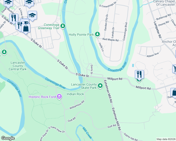 map of restaurants, bars, coffee shops, grocery stores, and more near 7 Juniata Avenue in Lancaster