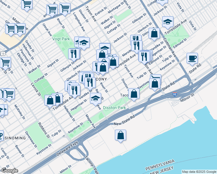 map of restaurants, bars, coffee shops, grocery stores, and more near 6815 Hegerman Street in Philadelphia