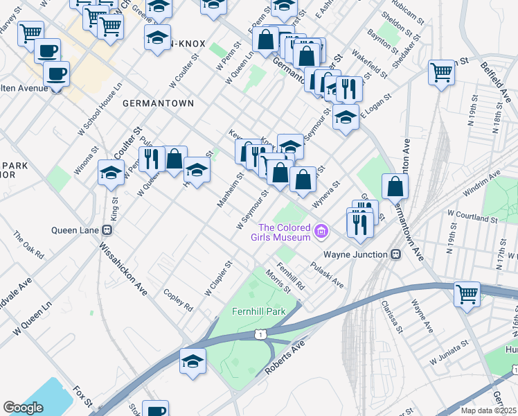 map of restaurants, bars, coffee shops, grocery stores, and more near 237 West Clapier Street in Philadelphia