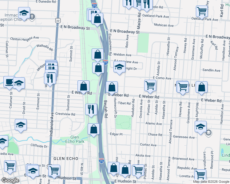 map of restaurants, bars, coffee shops, grocery stores, and more near 718 East Weber Road in Columbus