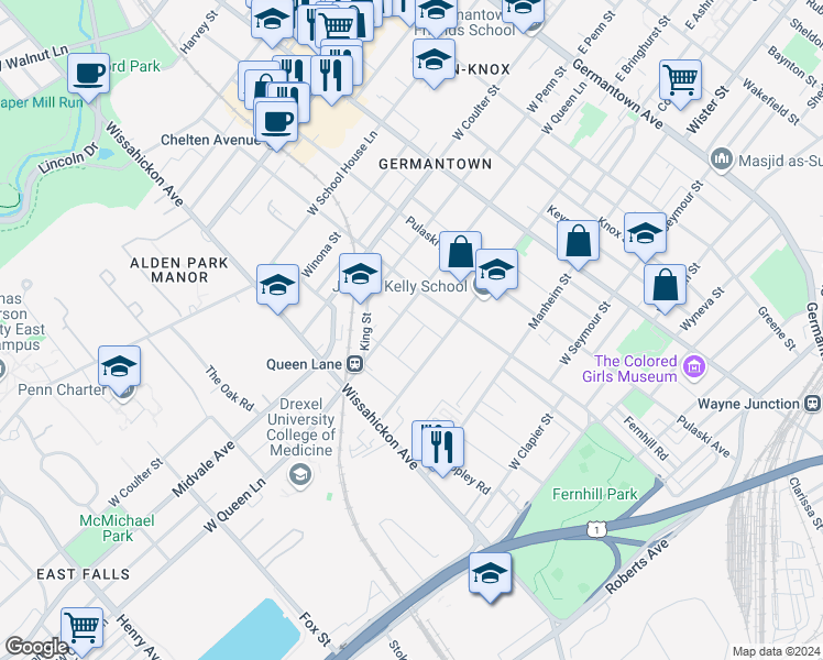 map of restaurants, bars, coffee shops, grocery stores, and more near 433 West Bringhurst Street in Philadelphia