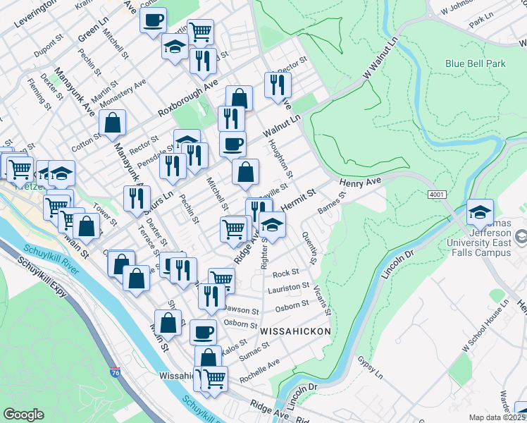 map of restaurants, bars, coffee shops, grocery stores, and more near 5501 Ridge Avenue in Philadelphia