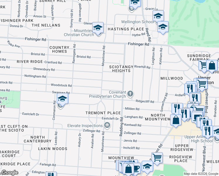 map of restaurants, bars, coffee shops, grocery stores, and more near 2154 Wesleyan Drive in Columbus