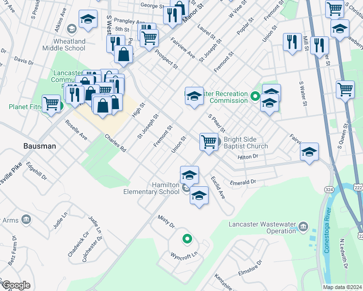 map of restaurants, bars, coffee shops, grocery stores, and more near 1136 Union Street in Lancaster