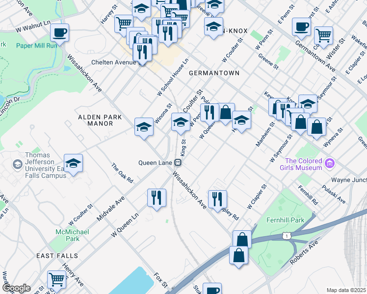 map of restaurants, bars, coffee shops, grocery stores, and more near 5317R Laurens Street in Philadelphia