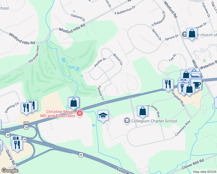 map of restaurants, bars, coffee shops, grocery stores, and more near 57 Buttonwood Drive in Exton