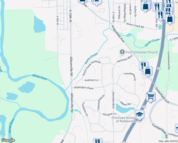 map of restaurants, bars, coffee shops, grocery stores, and more near 305 Gloucester Court in Noblesville
